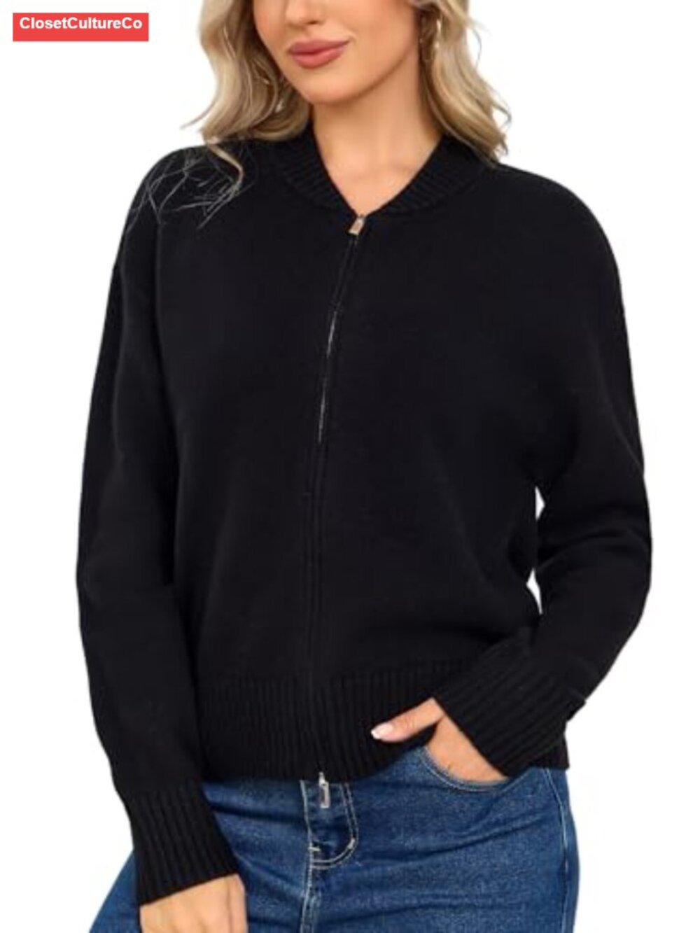 100% Merino Wool Zip Cardigan Baseball Collar Sweater Jacket Women